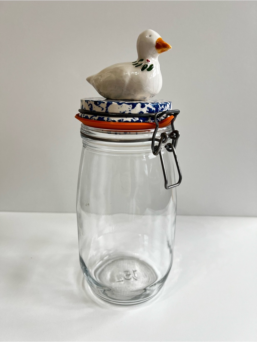 Vintage Ceramic Goose Duck Bow Wireclosure 1.5 Litre Jar Cottagecore Farm Decor